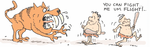 Phản ứng "Fight or Flight" - minh họa bởi Robin Hall. Từ thời cổ đại, tổ tiên của chúng ta đã phải đối mặt với rất nhiều hiểm nguy như côn trùng độc hay động vật dữ như hổ, báo, sư tử... Qua rất nhiều năm tiến hóa, "tính chất" đó vẫn còn nằm trong gen của chúng ta và điều đó giúp con người mạnh mẽ và dễ dàng vượt qua khó khăn hơn.